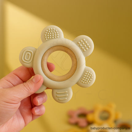 Bijtring – siliconen & hout, bloemvorm